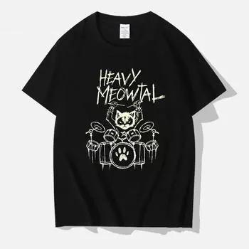 Женские футболки унисекс Heavy Meowtal Cat Metal Music Идея подарка Смешная футболка для владельца питомца Последние принтованные топы Футболка 4XL чёрный