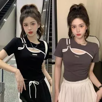 Женские футболки Универсальные укороченные топы с вырезами Женская футболка с короткими рукавами из двух частей