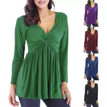 Женские футболки, весенние женские шифоновые футболки для мамы, осенние сексуальные футболки с v-образным вырезом, свободные карманы, повседневные футболки с длинными рукавами, топы S чёрный