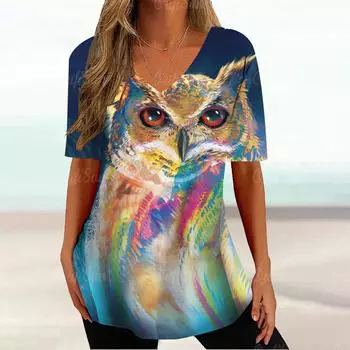 Женские футболки, винтажная футболка с графическим принтом совы и животных, летняя модная футболка с v-образным вырезом и короткими рукавами, большие женские футболки, одежда 4XL