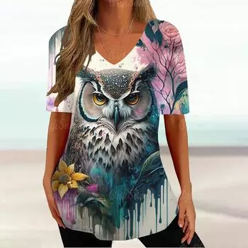 Женские футболки, винтажная футболка с графическим принтом совы и животных, летняя модная футболка с v-образным вырезом и короткими рукавами, большие женские футболки, одежда 4XL