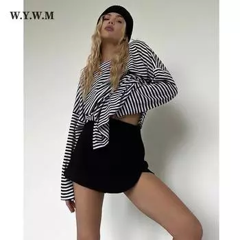 Женские футболки WYWM большого размера из 100% хлопка с разрезом, весна-лето 2023, базовые шикарные полосатые футболки, женские повседневные винтажные топы