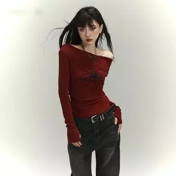 Женские футболки Y2K Gothic с открытыми плечами Осенняя уличная одежда Fairy core Хип-хоп-топы Панк Повседневные футболки Женская одежда S красный