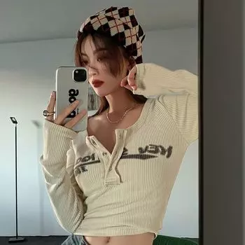 Женские футболки Y2K, сексуальные топы с длинными рукавами и квадратными воротниками, футболки для девочек, повседневные футболки для женщин S абрикосовый