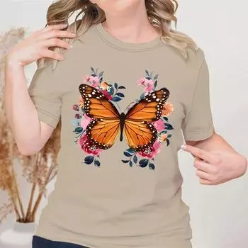 Женские футболки, женская одежда, обычные топы с короткими рукавами, женская модная футболка с цветочным принтом и бабочкой, одежда с героями мультфильмов S