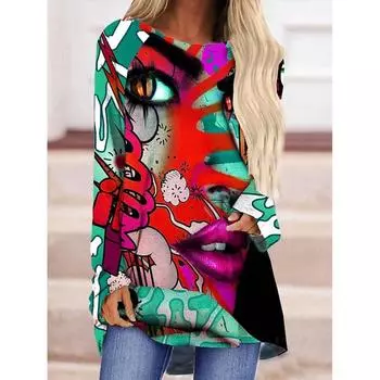 Женские футболки, женская одежда, топы, футболка с абстрактным портретом и 3D принтом, элегантная модная футболка большого размера с длинными рукавами S