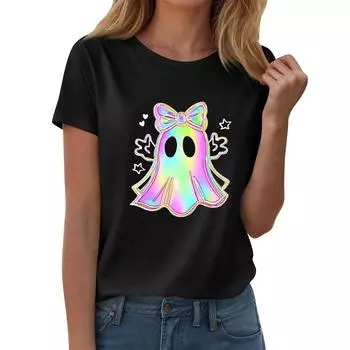 Женские футболки, Женские топы с коротким рукавом, Летняя мода, Повседневные стильные футболки с круглым вырезом, Туники S чёрный