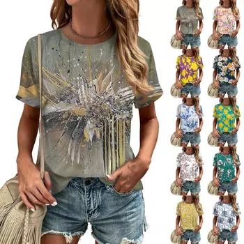 Женские футболки, женские топы с короткими рукавами, нарядные летние повседневные винтажные модные блузки с круглым вырезом с графическим рисунком, топы-туники L коричневый