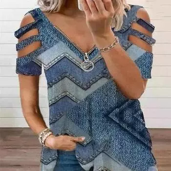 Женские футболки, женские волнистые геометрические печатные футболки с короткими рукавами и застежкой-молнией с v-образным вырезом, плюс модная футболка большого размера с графикой S зелёный