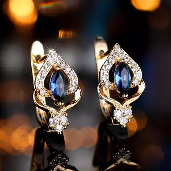 Женские геометрические серьги-клипсы с синим цирконием в виде цветка, золотые серьги-подвески, винтажные украшения, аксессуары для вечеринок золотой/синий