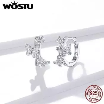 Женские гипоаллергенные серьги-кольца WOSTU из стерлингового серебра 925 пробы, изысканные серьги-гвоздики с блестящим цирконом и бабочками 925 silver