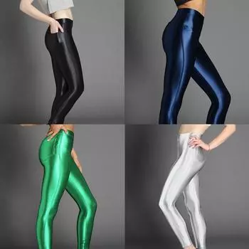 Женские глянцевые эластичные спортивные леггинсы с высокой талией Спортивные штаны для йоги L синий