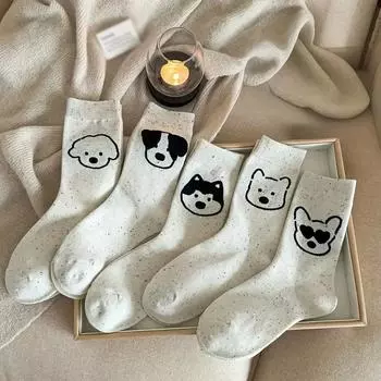 Женские гольфы с милыми мультяшными животными - 5 пар, полиэстер 95% спандекс 5%, трикотажная ткань, машинная стирка, разные рисунки собак