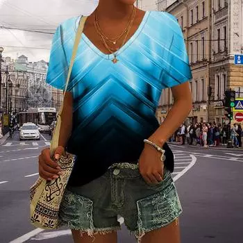 Женские голубые топы с v-образным вырезом и короткими рукавами со стрелками, свободная футболка, повседневная блузка XS синий