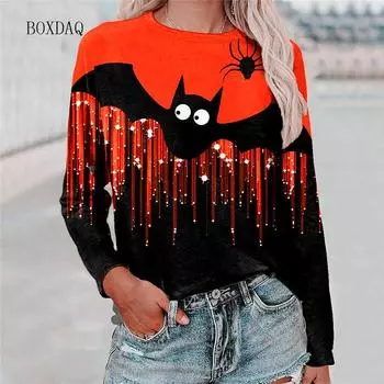 Женские готические футболки с рисунком летучих мышей, длинные рукава, 3D-принты животных в стиле Хэллоуина, женские футболки с принтом тай-дай, уличные женские топы, большой размер 6XL S