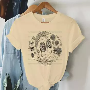 Женские графические рубашки Футболка с изображением весеннего фуражира Морель Грибы Лук-порей Медоносная пчела Короткие рукава Тренд 2000 года Модные летние крутые рубашки S