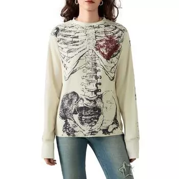 Женские графические топы, свободные, с готическим принтом скелета, с круглым вырезом и длинным рукавом, повседневная уличная одежда на осень S хаки