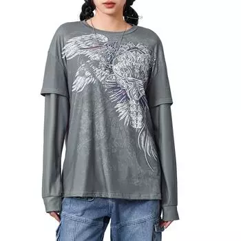 Женские гранж-топы с длинным рукавом и круглым вырезом, свободные футболки с графическим принтом, поддельные уличные топы из двух частей S чёрный