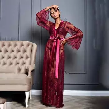 Женские халаты из ледяного шелка, ночная рубашка, длинное платье, глубокий V-образный вырез, длинный рукав, кимоно, платье-кардиган, свободная сексуальная одежда для сна, кружевное нижнее белье, ночная рубашка XXXL белый