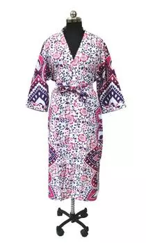 Женские халаты-кимоно ручной работы из хлопка, ночная рубашка, изготовленная из мягкой легкой хлопковой ткани, свободный размер, ночная рубашка #324 One Size разноцветный