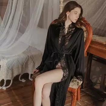 Женские халаты, пижамы, кимоно, пижамы, чистое длинное черное шелковое атласное платье с кружевной отделкой XL белый