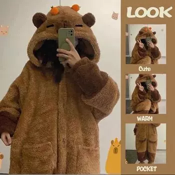 Женские халаты, пижамы в стиле капибары, кавайная домашняя одежда в стиле аниме для взрослых, бархатная зимняя теплая пижама для девочек, праздничный костюм для вечеринки free size