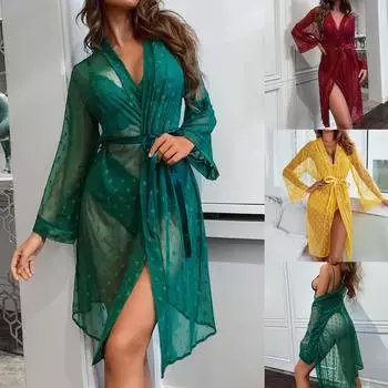 Женские халаты, сексуальные сетчатые прозрачные ночные рубашки, халаты-кимоно, открытые халаты, женская однотонная пижама, сексуальное женское белье, ночная рубашка XS жёлтый