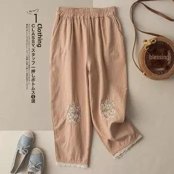 Женские хлопчатобумажные и льняные шаровары с художественным кружевом и вышивкой - летние свободные повседневные брюки с девятью точками XXXL белый
