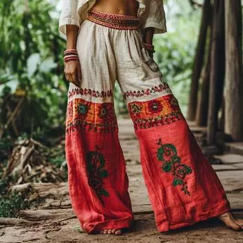 Женские хлопково-льняные модные брюки с высокой талией и ретро-принтом XXL красный