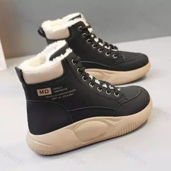 Женские хлопковые ботинки 2024 года, зимние новые высокие женские плюшевые теплые студенческие ботильоны на толстой подошве со шнуровкой, увеличивающие рост 37 чёрный