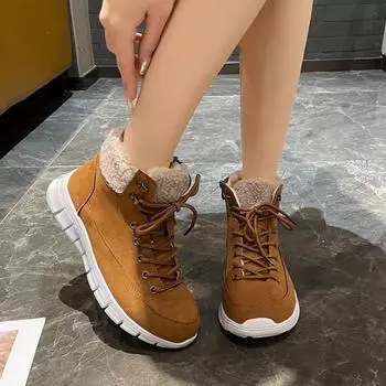 Женские хлопковые ботинки европейского и американского стиля, 2024, зимние новые большие повседневные туфли с высоким берцем, круглым носком, со шнуровкой спереди, однотонные женские туфли 36 чёрный