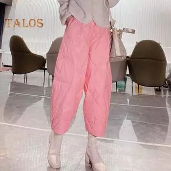 Женские хлопковые брюки с эластичной талией, широкие легкие брюки с карманами, однотонные тонкие хлопковые брюки L розовый