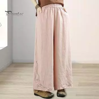 Женские хлопковые брюки с высокой талией и карманами с эластичной резинкой на талии, повседневные свободные покроя, широкие женские летние брюки с вышивкой для отпуска, работы, школы L фиолетовый