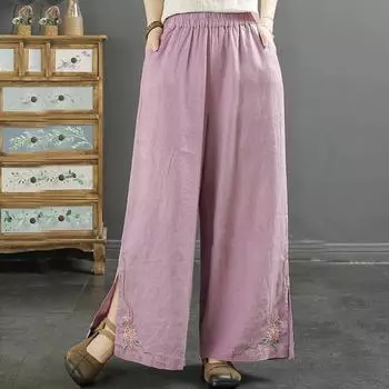 Женские хлопковые брюки с высокой талией и карманами с эластичной резинкой на талии, повседневные свободные покроя, широкие женские летние брюки с вышивкой для отпуска, работы, школы L фиолетовый