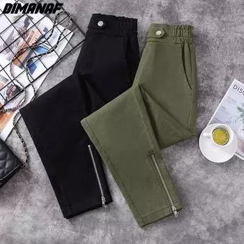 Женские хлопковые длинные брюки DIMANAF, черные брюки большого размера с эластичной резинкой на талии, винтажные повседневные женские свободные брюки, осень-зима 2021 XL чёрный