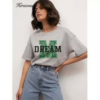Женские хлопковые футболки Hirsionsan большого размера, летние свободные футболки с короткими рукавами и 3D принтом, 2023, повседневные универсальные базовые женские топы M бежевый
