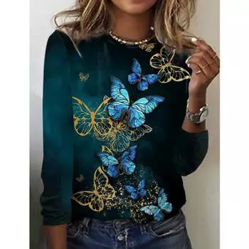 Женские хлопковые футболки, модная футболка с 3D принтом бабочки для женщин, повседневная уличная одежда, топы с длинными рукавами, женская одежда, футболки, новинка L