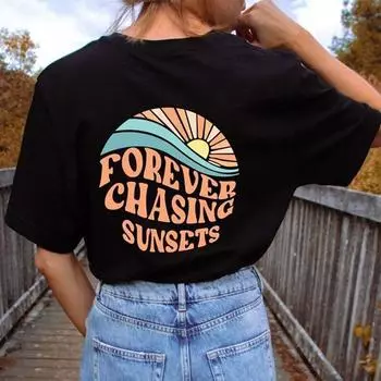Женские хлопковые футболки с короткими рукавами и принтом Forever Chasing Sunset в стиле хип-хоп, модная женская футболка с круглым вырезом, одежда S чёрный