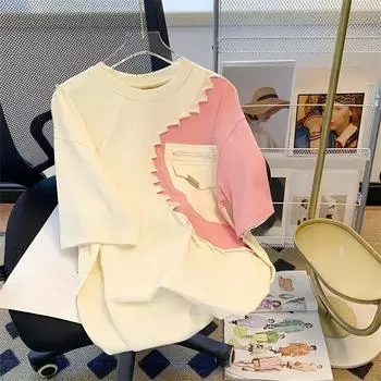 Женские хлопковые футболки с лоскутным дизайном Футболка Sense Тяжелая промышленность Уникальные женские топы Летние футболки с короткими рукавами M абрикосовый