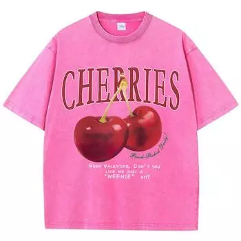 Женские хлопковые футболки с потертостями, трендовые топы с круглым вырезом и принтом в виде свежих красных вишен, с коротким рукавом, летняя уличная женская одежда 100