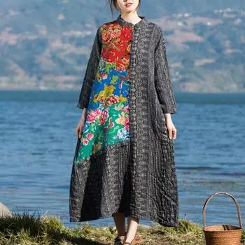 Женские хлопковые и льняные лоскутные винтажные пальто с принтом, осенние свободные пальто в китайском стиле с рукавами девять четвертей One Size чёрный