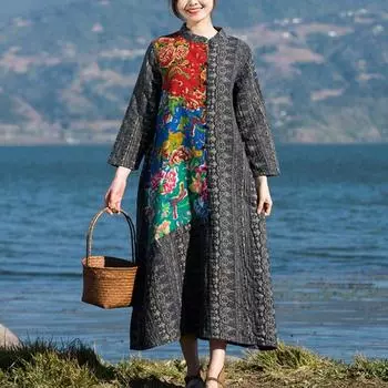 Женские хлопковые и льняные лоскутные винтажные пальто с принтом, осенние свободные пальто в китайском стиле с рукавами девять четвертей One Size чёрный