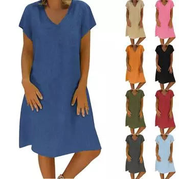 Женские хлопковые и льняные платья, летние с коротким рукавом, удобные дорожные пляжные платья, модная одежда для весеннего отпуска L армия зеленый