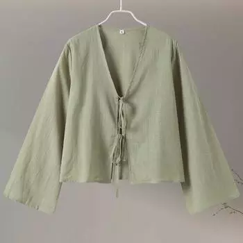 Женские хлопковые и льняные рубашки с бантом на шнуровке, женские свободные топы с v-образным вырезом и длинными рукавами, женские весенние новые женские уличные топы S зелёный