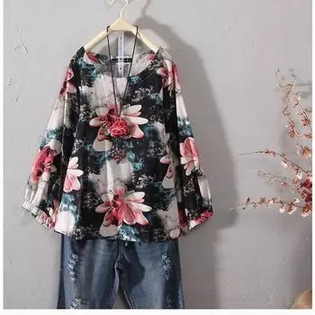 Женские хлопковые льняные блузки и рубашки больших размеров в стиле ретро-богем с цветочным принтом S