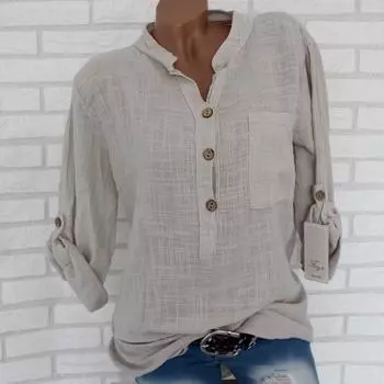 Женские хлопковые льняные блузки, однотонные пуговицы-стойки с v-образным вырезом, хлопково-льняные блузки, весенне-осенние рубашки, топы с карманами больших размеров S белый