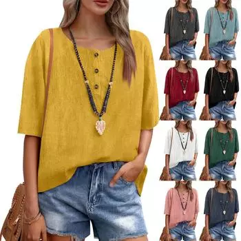 Женские хлопковые льняные блузки с рукавом 3/4, футболки, топы для женщин, повседневная рубашка из хлопкового льна на пуговицах M белый