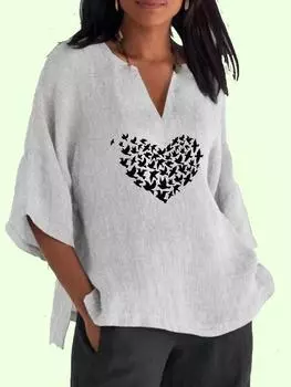 Женские хлопковые льняные блузки Женская повседневная свободная рубашка Женский топ с v-образным вырезом Модный принт 3/4 с длинным рукавом S синий