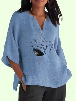 Женские хлопковые льняные блузки Женская повседневная свободная рубашка Женский топ с v-образным вырезом Модный принт 3/4 с длинным рукавом S синий