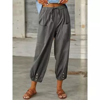 Женские хлопковые льняные брюки 2025 года, осенние однотонные свободные прямые брюки с эластичной талией, женские широкие брюки с высокой талией S фиолетовый